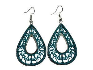 Teardrop Dangle Earrings Filigree Cutout Silver Tone Aqua Enamel Boho Statement - Picture 1 of 6