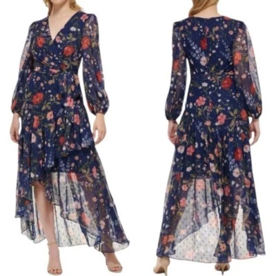 Nuevo con etiquetas Vestido midi asimétrico con sobrepelliz floral ELIZA J azul marino talla 8 venta al por menor $198 Foto 1 de 4