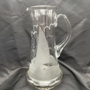 Vintage Etched Glass Pitcher 11” Sailboat Nautical Barware - Picture 1 of 19
