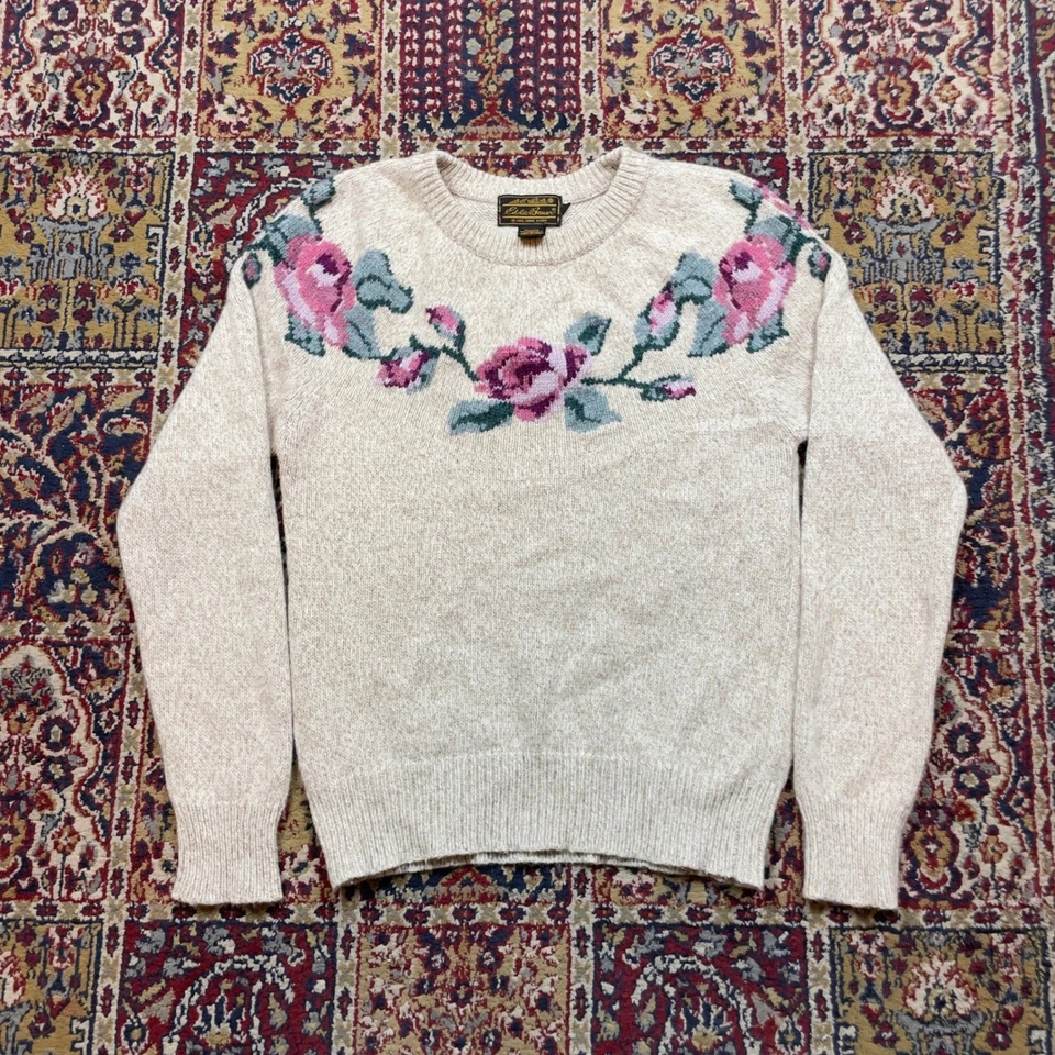 Suéter De Colección 1988 Eddie Bauer Para Mujer Marrón Floral Rosa Lana Cuello Redondo M EE. UU. Raro Foto 1 de 4