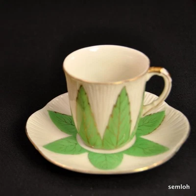 UCAGCO Occupied Japan Demi Cup Saucer Hand Painted Large Green Leaves 1946-1952 - Image 1 of 4