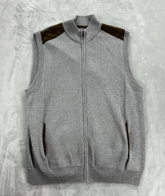 CHAPS Sweater Vest Mens XL Gray Suede Trim Full Zip Sleeveless - Image 1 of 4