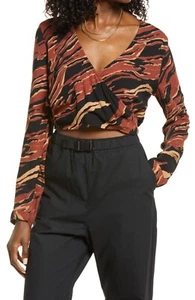 BP. Burnout Brown Tiger Stripe Long Sleeve V-Neck Wrap Crop Top Blouse Size XXS - Picture 1 of 9
