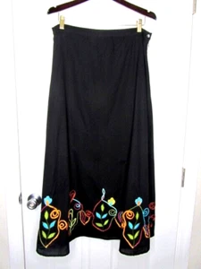 Mirasol Womens Skirt SZ M Midi Black Cotton Embroidered BOHO Colorful Lagenlook - Picture 1 of 10
