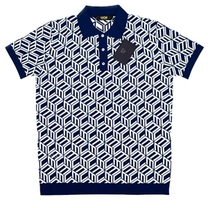 NWT $450 MCM Cubic Monogram Logo Knit Viscose Polo Shirt Navy Men's M AUTHENTIC - Picture 1 of 9