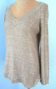 Weiche Umrandung Pullover Gold Beige Pailletten V Ausschnitt Tunika Glitzer Langarm XS - Bild 1 von 12