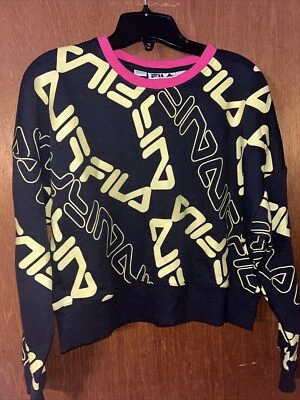 FILA Mujer Mediana Pullover Sudadera Recortada Manga Larga Cuello Redondo Negro Amarillo Foto 1 de 4