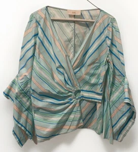 Peter Pilotto Wickeltop Bluse gestreift mintgrün rosa Baumwolle Glockenärmel Gr. 6 - Bild 1 von 8