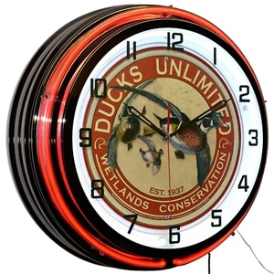 19" Ducks Unlimited Est. 1937 Sign Double Neon Clock Garage Decor (Orange) - Picture 1 of 6