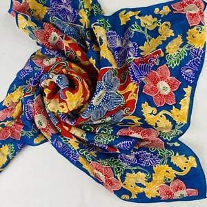 ECHO Floral Silk Scarf Square 31” Blue Mod Womens Neck Kerchief Satin FiN Japan - Picture 1 of 14