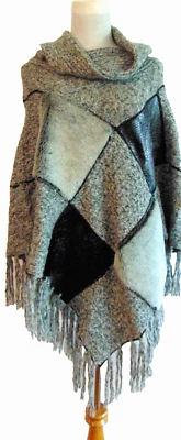 VERTIGO WOMENS CAPE MULTI MEDIA KNIT FAUX FUR BLACK GRAY SWEATER CAPE TASSEL~S/M - Image 1 of 4