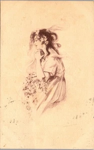 Vintage Postcard Pretty Lady with Flowers Smoke Sepia Art Girls 115 C1910  - Picture 1 of 3