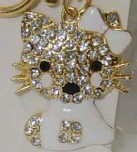 Hello Kitty Keychain Purse Charm White & Gold With Rhinestones - Picture 1 of 6
