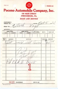 1951 Pocono Automobile Company Receipt – Packard Dealer, Stroudsburg PA - Picture 1 of 2