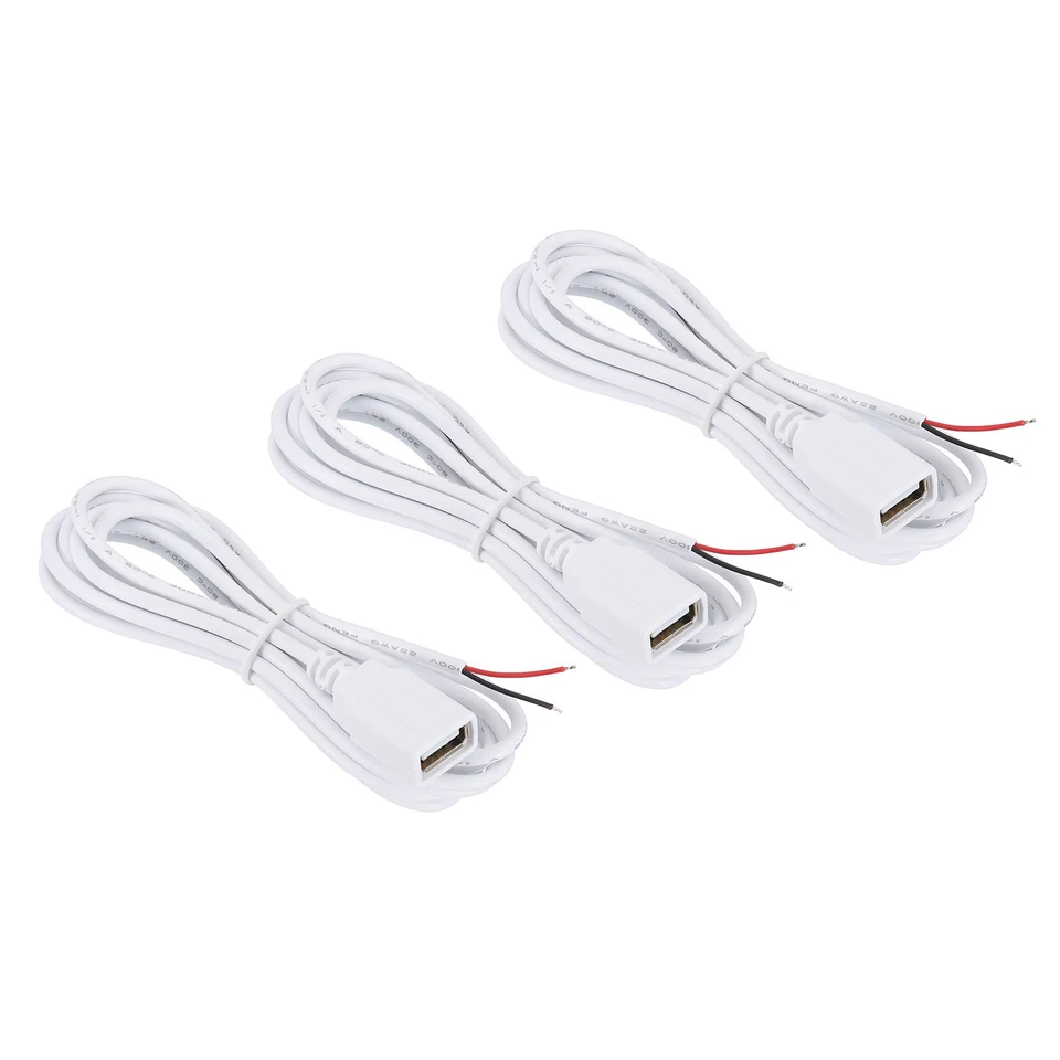6.56Ft USB Female to 2 Pin Bare Wire Pigtail Cable, 3pcs 22AWG Power Cords White - Image 1 of 4