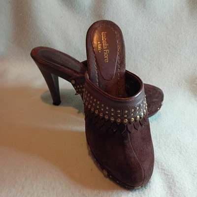 Isabella Fiore Women 7M Brown Suede Wood Heel Clogs Shoe Italy Fringe Studs $295 - Image 1 of 4
