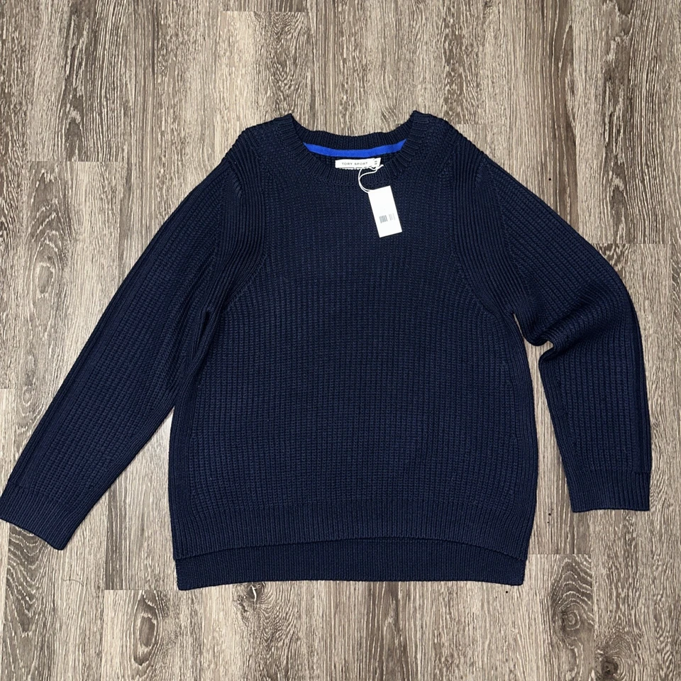 Suéter esportivo feminino Tory Burch M azul marinho lã merino CoolMAX mistura bainha dividida - Imagem 1 de 4