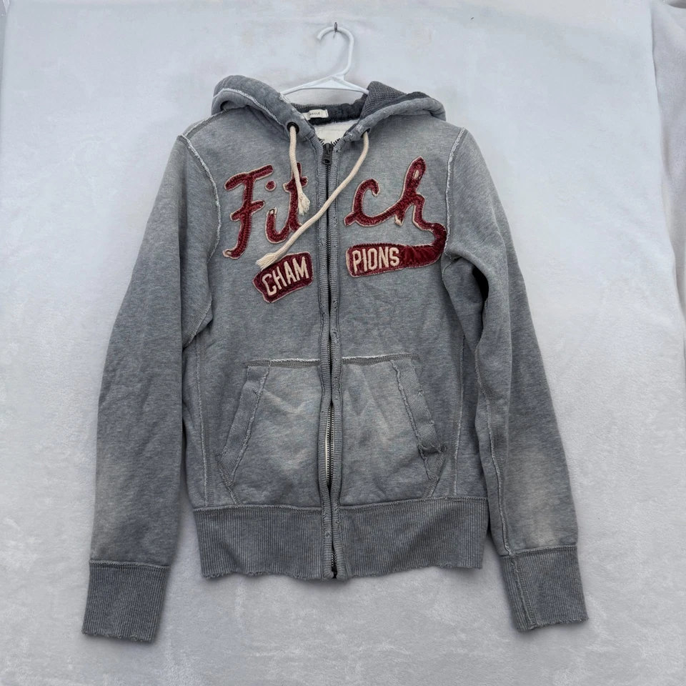 Moletom com capuz Abercrombie & Fitch masculino S cinza zíper completo bordado lã peso pesado - Imagem 1 de 4