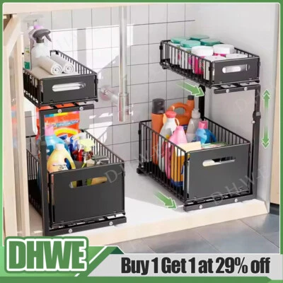 Under Sink Shelf Organiser Pull-out Storage Baskets Kitchen Cupboard Drawer Rack - Image 1 of 4