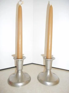 2 Empire Pewter Candlesticks and 2 Vintage Colonial Handipt Bayberry 8" Candles - Picture 1 of 9