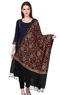 Large Wool Abstract & Vine Boarder Kani Jamavar Shawl Pashmina Black On Red Art - Image 1 of 4