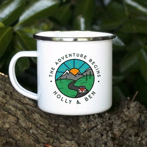 Personalised Adventuring Begins Mug 380ml Tin Metal Enamel Coffee Cup Outdoor - Picture 1 of 22