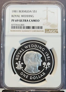 1981 BERMUDA SILVER 1 DOLLAR S$1 ROYAL WEDDING NGC PF 69 ULTRA CAMEO TOP POP - Picture 1 of 3