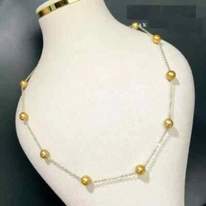 18" New AAA 7-8mm ROUND natural south sea Golden pearl necklace 14k Gold P - Picture 1 of 4