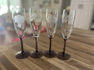 Libbey Purple Amethyst Tulip Stem Etched Grape Design Champagne Flutes Set Of 4 - Picture 1 of 9