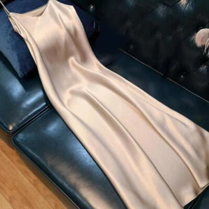 Damen-Satin-Langkleid Mit V-Ausschnitt Ärmellos Lockerer Rock Schickes | - Picture 1 of 21