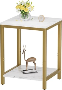 White Faux Marble End Tables Small Side Table with Storage Wood Night Stand Gold - Picture 1 of 6