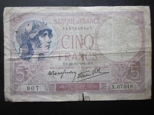 1940 FRANCE 5 Francs Banknote WW2 WWII Banque De France Cinq Francs War Note - Picture 1 of 2
