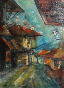 Vintage expressionist landscape cityscape oil painting signed - Picture 1 of 12