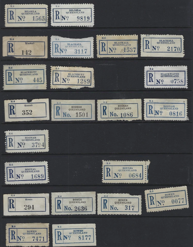 Etiquetas de registro de Australia Queensland Biloela, Blackall, Boonah, Bowen ++ Foto 1 de 1