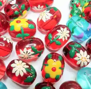 Glass flower Beads Hand painted Daisy Leaf mix 13mm Round DIY Jewelry 20 pcs - Picture 1 of 6