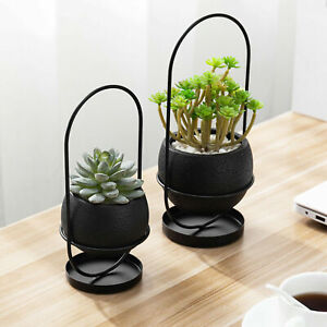 Modern Black Mini Succulent Planter Pots w/ Metal Frame Stands (Set of 2)