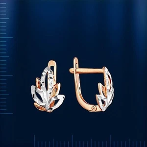 Russische Rose Rotgold 585  kleine Blatt BICOLOR Ohrringe LEAF EARRINGS - Picture 1 of 3