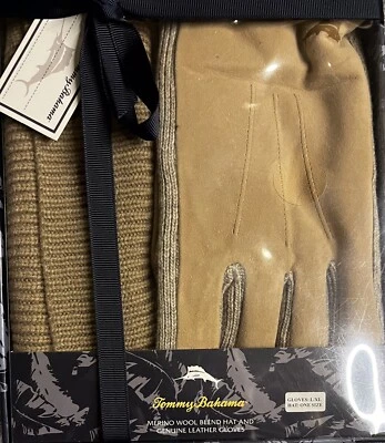Nuevo con caja Tommy Bahama conjunto ~ sombrero de lana merino O/S y guantes de cuero genuino L/XL arena $120 Foto 1 de 4