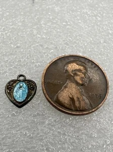 Vintage Sterling Silver Blue Enamel Virgin Mary Mini Heart Charm Damage - B2-1 - Picture 1 of 5