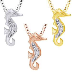 Natural Diamond Accent 10K Solid Gold Seahorse Pendant Necklace W/18" Chain