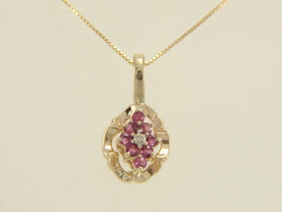 14K Yellow Gold Natural Ruby and Diamond Pendant Necklace 18" Box Chain - Image 1 of 4