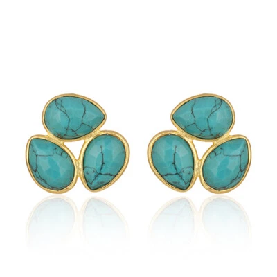 Handmade Jewelry Gifts 18k Gold Plated Multi Turquoise Gemstone Stud Earrings  - Image 1 of 4