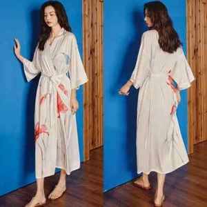 Long Robe Nightgown Half Sleeve Kimono Bathrobe Gown Women Sexy Rayon Home Dress - Picture 1 of 49