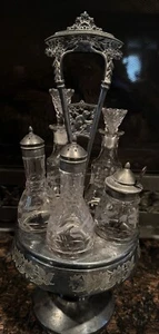 Antique Rogers Bros Silver Plated Condiment Cruet Set Caddy Carousel 11 Piece - Picture 1 of 7