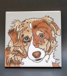 Australian Shepherd "Red" Dog Tile Blue Eyes By Pumpkin Handpainted  **READ** - Picture 1 of 16