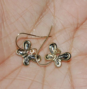 10K Solid Yellow & White Gold Hook Butterfly Earrings Hoops Dangle Butterflies - Picture 1 of 5