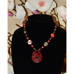 Vintage Robert Rose chinesische Messing Cloisonné Zinnober Statement Halskette - Bild 1 von 7