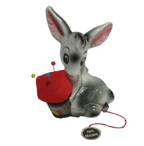 VTG Gray Ceramic Donkey Pin Cushion & Tape Measure from Devils Tower WYO. - Picture 1 of 7