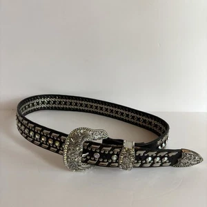 Nocona Rhinestone Belt Medium Womens Black Bling Big Buckle Silver Western Y2k - Picture 1 of 7