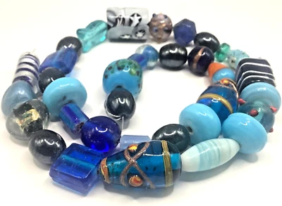 Indien Lampwork Perlen im Muranostil, Mustermix , Blautöne, 40 cm Strang - Bild 1 von 4